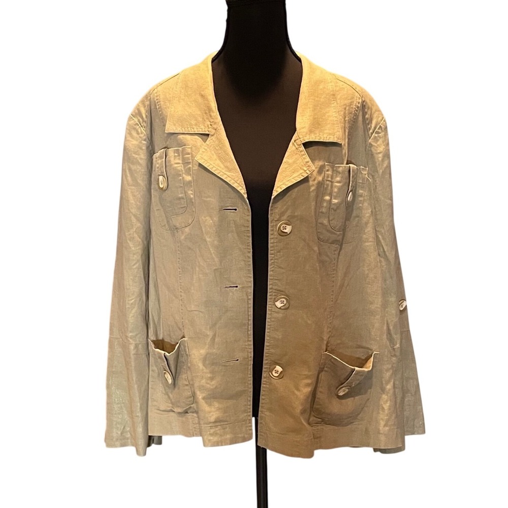 CJ Banks Women 1X Khaki Tan Linen Cotton Utility Safari Jacket Button Front